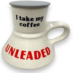 Vintage Feltman Langer I Take My Coffee Unleaded Mug White w/ Lid Porcelain Cup